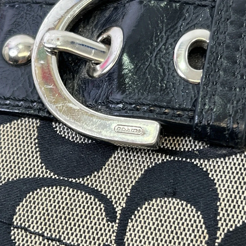 Vtg Coach Zip Around Accordion Wallet Black Signature Canvas Leather Buckle 8x4